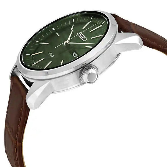 Seiko 5 SNE529 Solar Day-Date Green Dial Leather Band Mens Watch SNE529P1